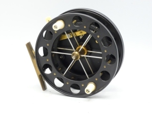 A very rare David Plowman Royal Aerial 4 &frac12;" wide drummed centre pin reel, caged and six spoked drum with twin tapered ivorine handles and ventilated flanges, pierced brass stancheon foot, rim mounted ivorine handled optional check lever and bar spring c