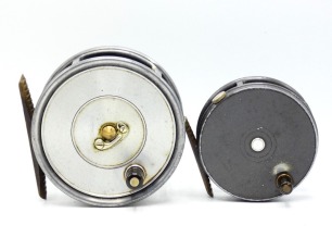 A Hardy Uniqua 4 &frac14;" salmon fly reel, spitfire alloy drum with ebonite handle and nickel silver telephone drum latch, ribbed brass foot, fixed Mk.II check mechanism, interior stamped "J.S." (Jimmy Smith), circa 1940 and a Hardy Perfect 3 3/8" trout fly re