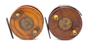 A Slater 4" Nottingham centre pin reel, alloy backed walnut drum with twin horn handles and three screw spring drum latch, Bickerdyke line guide, brass starback foot, stamped oval logo, with sliding optional check button and calliper spring check mechani