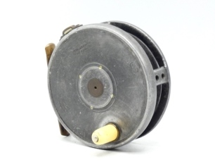 A rare Hardy 1st model alloy Perfect 3 5/8" solid drummed trout fly reel, domed ivorine handle, broad triple drum pillars each pierced with two holes, brass foot, strapped rim tension screw and early calliper spring check mechanism, open ball race with p