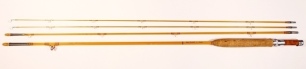 A fine Gary Marshall "Dickerson 8013" 3 piece (2 tips) cane trout fly rod, 8', #5, clear/brown tipped silk wraps, olivewood reel seat with down locking alloy screw fitting, cigar cork handle, suction ferrules, red agate lined stripping guide, hayfork tip