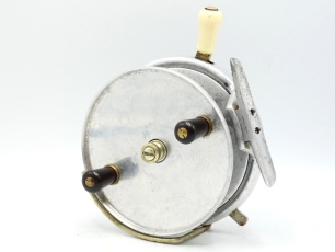 A very rare Hardy "Farnstone" 5" sea centre pin reel and block leather case, a previously unseen model with an amalgamation of both the Longstone and Farne sea reel features with solid alloy drum, twin reverse tapered ebonite handles and milled nickel sil