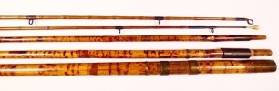 A rare Ustonson 4 piece (2 tips) whole burnt bamboo fishing pole, 13'6", brass butt collar engraved "Ustonson, Makers to the Queen, Temple Bar, London, threaded butt cap (for storing spare tip in butt section, lacking domed terminal screw), sliding brass