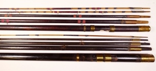 A scarce vintage Thomas Bond & Son five piece 18' fruitwood general rod, one piece tapered handle with sliding brass reel fittings and large brass butt cap script engraved 62 Cannon St. address details (1834-60), drop rings, spigot joints, hickory top sec