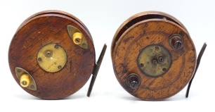 A Slater walnut 4" Nottingham combination reel, twin tapered horn handles, three screw spring drum latch, annular brass three pillar line guide, starback foot stamped makers details and patent "655", sliding optional check button and calliper spring check