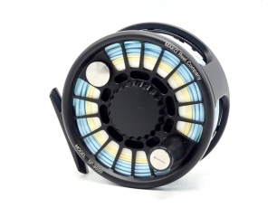A good Mako 9500 saltwater/salmon fly reel, black anodised, right hand wind model with counter-balanced handle, skeletal drum, block foot, rear spindle mounted tension wheel with six finger ports, only very light signs of use, in original zip case (see i