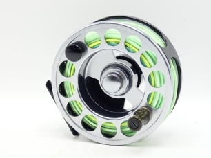 A Sage 3600d salmon fly reel, large arbour right hand wind drum with counter-balanced wooden handle, black anodised frame, milled spool locking nut and rear spindle mounted graduated tension adjuster, only very light use, in neoprene case