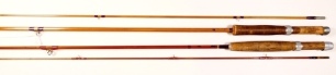 A Sharpe's "Featherweight" 2 piece cane brook trout fly rod, 7', #3/4 crimson silk wraps, sliding alloy reel fitting, suction joint and an Owen Caudle 2 piece cane trout fly rod, 8', #4/5, crimson wraps, sliding alloy reel fitting, suction joint, in bags