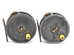 A Westley Richards (Dingley) Leo 3 &frac12;" trout/sea-trout fly reel, caged drum with ivorine handle and brass telephone latch, brass bridge foot, strapped rim tension screw and calliper spring check mechanism, interior stamped "D" and an identical un-named Di