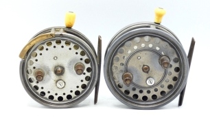 A Hardy Silex Major 3 &frac34;" bait casting reel, shallow cored drum with twin ebonite handles, spring latch and jewelled spindle bearing, brass foot, auxiliary brass rim brake, ivorine rim casting trigger and rear nickel silver tension regulating button, 1920