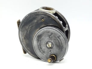 A Hardy St George Multiplier 3 3/8" trout fly reel, ebonite handle on off-set circular drive plate, ribbed brass foot, three screw spring drum latch, white agate line guide (no cracks), interior stamped "J.A.J." (Joe Johnson), wear to finish from normal u