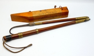 A 19th Century folding handle fruitwood salmon gaff, brass knuckle joint, Firth steel head, handle with point recess and sliding brass locking ring, a Hardy Silver Devon tackle releaser, six various treen float and line winders and various other items inc