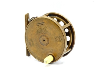 A scarce Hardy 1896 Brass Perfect 3 &frac12;" salmon fly reel, domed ivorine handle, block foot pierced nine holes, strapped rim tension screw and early calliper spring check mechanism, open ball race with phosphor bronze bearings, slightly dished drum with two