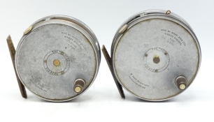 A Hardy Perfect 3 5/8" trout fly reel, ebonite handle, ribbed brass foot, milled rim tension screw and Mk.II check mechanism, 1930's and a matching Hardy Perfect 3 3/8" trout fly reel, both with wear from normal use (2)