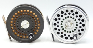 An Orvis CFO IV trout fly reel, composition handle, alloy foot, two screw drum latch, nickel silver line guide and rear tension regulator, light use, in suede zip pouch and a Hardy Marquis 6 trout fly reel and spare spool, in zip cases (2)