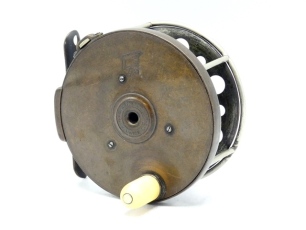 A fine and rare Hardy 1893/4 Brass Perfect 4" salmon fly reel, domed bone handle, brass stancheon foot pierced six holes and stamped "256", full nickel silver wire wrap-around four pillar line guide, strapped rim tension screw and early calliper spring c