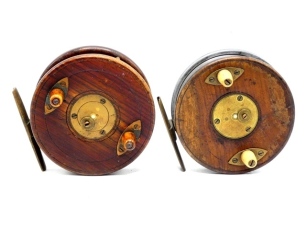 A Slater 4" Nottingham combination reel, walnut drum with twin tapered horn handles and brass three screw spring release latch, brass annular line guide, starback foot stamped oval logo and with sliding optional check button and calliper spring check mec