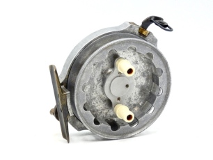 A rare Farlow & Co. Ltd. 3 &frac12;" polished alloy Silent Spinning Tournament 3 &frac12;" reel, recessed cut-away shallow cored drum with twin spindle mounted ivorine handles on cross-bar alloy winding arm, rim mounted swingling brass line guide, milled brass drum re
