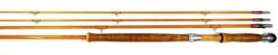 A good Hardy "Wye" 3 piece (2 tips) cane salmon fly rod, 12'6", #9, gold/crimson tipped silk wraps, sliding alloy screw grip reel fitting, lockfast joints, agate line butt and tips rings, 1971, handle slightly discoloured from use otherwise in excellent o