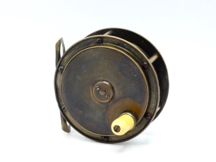 A Hardy Hercules 3 &frac14;" brass trout/light salmon fly reel, domed ivorine handle on raised faceplate, pierced and waisted bridge foot (neatly filed), quadruple cage pillars, fixed check mechanism, faceplate with raised two screw spindle boss and stamped Rod