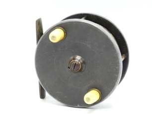 A rare Hardy Combined Fly Spinning 3 &frac12;" salmon fly reel, lipped faceplate with twin domed ivorine handles and raised spindle boss with domed steel locking screw, brass bridge foot, triple brass drum pillars, rear sliding optional check button and milled b