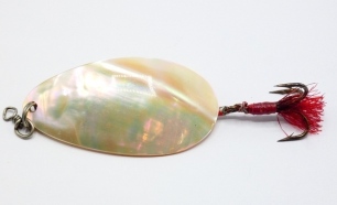 A rare Hardy Mother o'Pearl 3" spoon bait, the oval spoon with split ring head swivel mount and red painted flying wire trace with single treble hook, tied red prismatic hair, circa 1930