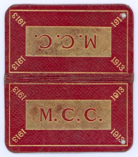 Marylebone Cricket Club. Official M.C.C. membership card for season 1913. The leather bound folding card with beautiful gilt decoration to covers, printed fixtures at Lord&rsquo;s to inside. Membership no. 4382 issued to Major E.G. Waymouth. Good/ very good con
