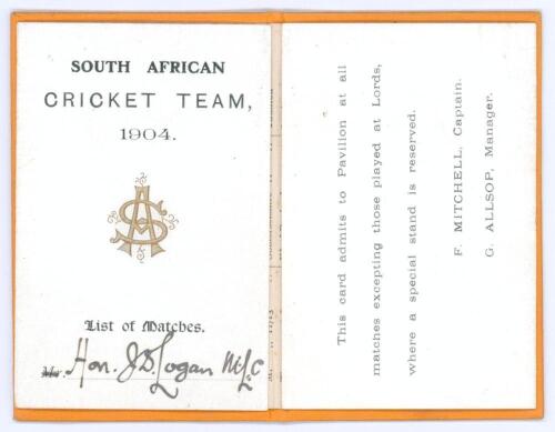 South Africa tour to England 1904. An original, unusual and possibly unique &lsquo;List of Matches&rsquo; card produced in the style of a membership/ fixture booklet and issued to the &lsquo;Hon. J.D. Logan&rsquo; as a pass to allow Logan entrance to cricket grounds for all matc