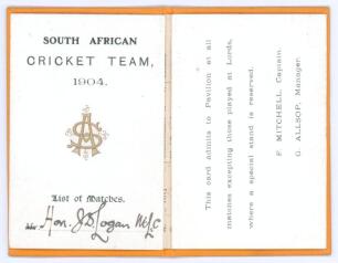 South Africa tour to England 1904. An original, unusual and possibly unique &lsquo;List of Matches&rsquo; card produced in the style of a membership/ fixture booklet and issued to the &lsquo;Hon. J.D. Logan&rsquo; as a pass to allow Logan entrance to cricket grounds for all matc