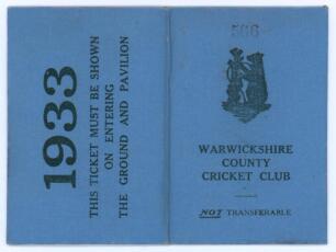 Warwickshire C.C.C. 1933. Original folding membership/ fixture card for the 1933 season issued to a &lsquo;J.R. Hetherington&rsquo;, no. 566. The card with blue cloth covers and printed titles. Very good condition.