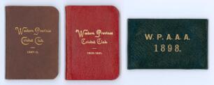 South African cricket membership tickets 1897-1901. Two original Western Province Cricket Club membership card/ fixture list booklet for seasons 1897/98 and 1900/01, leather covers with gilt title. Sold with a similar membership booklet for the Western Pr