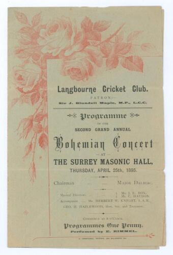 &lsquo;Langbourne Cricket Club. Programme of the Second Grand Annual Bohemian Concert&rsquo; 1895. Official four page programme for the concert held at The Surrey Masonic Hall, Camberwell (then part of Surrey), 25th April 1895. The floral decorated front cover with p