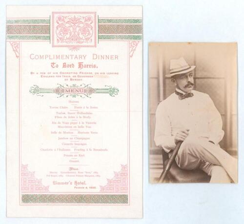 Lord Harris, George Robert Canning, Kent & England 1870-1911. &lsquo;Complimentary Dinner to Lord Harris. By a few of his cricketing friends, on his leaving England for India as Governor of Bombay 1890&rsquo;. Scarce exquisite one page card menu held in honour of Lor