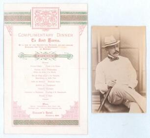 Lord Harris, George Robert Canning, Kent & England 1870-1911. &lsquo;Complimentary Dinner to Lord Harris. By a few of his cricketing friends, on his leaving England for India as Governor of Bombay 1890&rsquo;. Scarce exquisite one page card menu held in honour of Lor