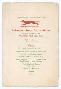 Leicestershire v South Africa 1924 &lsquo;Opening match of the tour&rsquo;. Small official menu for the Dinner given by Leicestershire to the tourist held at the Royal Hotel, Leicester on Saturday May 3rd 1924. The two page folding card menu with titles, dates and me