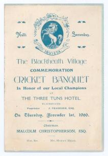 Kent C.C.C. County Champions 1906. Official menu for &lsquo;The Blackheath Village Commemoration Cricket Banquet In Honor of our Local Champions&rsquo;, held at the Three Tuns Hotel, Blackheath, 1st November 1906. The menu with pale blue borders and scalloped edges, 