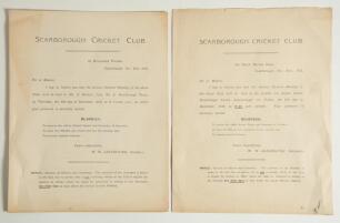 Scarborough Cricket Club Annual Reports. Two official four page printed reports for Annual General Meetings held in 1915 and 1918. Odd folds, creasing and nicks to edges, otherwise in good condition.