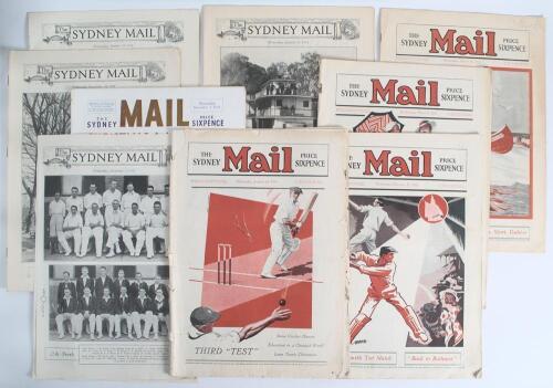 Australia v England &lsquo;Bodyline&rsquo; 1932/33. A collection of nine original copies of The Sydney Mail magazine, four complete, others lacking wrappers or with pages detached. Each issue has at least one article of coverage from the tour and Ashes Test series, t