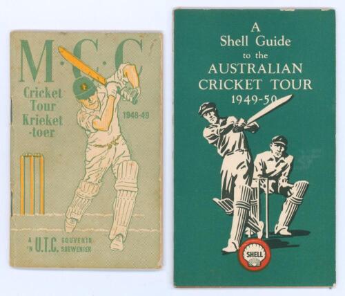 South African tour booklets. Two booklets both printed in both English and Afrikaans. One issued for the M.C.C. tour of South Africa 1948/49 by the United Tobacco Co. Cape Town 1948. 32pp. Very small pre tour booklet comprising pen pictures, map, fixtures