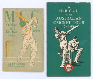 South African tour booklets. Two booklets both printed in both English and Afrikaans. One issued for the M.C.C. tour of South Africa 1948/49 by the United Tobacco Co. Cape Town 1948. 32pp. Very small pre tour booklet comprising pen pictures, map, fixtures