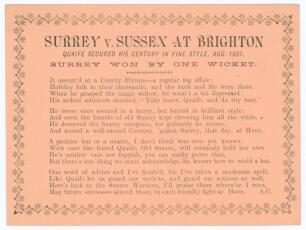 Walter Quaife. Sussex & Warwickshire 1884-1901. Albert Craig. &lsquo;Cricket Rhymester&rsquo; 1887. Original single sided card of a poem in four stanzas by Craig titled &lsquo;Surrey v. Sussex at Brighton. Quaife secured his century in fine style, Aug. 1887&rsquo;. Quaife scored