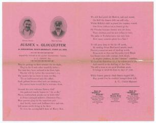 &lsquo;Sussex v. Gloucester at Brighton, Whit-Monday, June 1st , 1903&rsquo;. Albert Craig. &lsquo;Cricket Rhymester&rsquo; 1891. Original double sided broadsheet poem in four stanzas by Craig, &lsquo;Respectfully dedicated to the popular Gloucestershire Captain, G.L. Jessop, Esq.&rsquo;. T