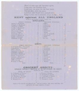 &lsquo;Kent against All England played in the Artillery Ground, London 1746&rsquo;. Albert Craig. &lsquo;Cricket Rhymester&rsquo; c.1891. Double sided broadsheet with six lines of verse and the scorecards of two historic matches, Kent v All England &lsquo;1746&rsquo; (actually 1744) and &lsquo;Cr
