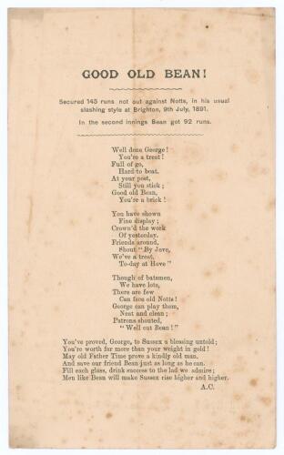 George Bean. Nottinghamshire, Sussex & England 1885-1898. Albert Craig. &lsquo;Cricket Rhymester&rsquo; 1891. Original double sided card of a poem in four stanzas by Craig titled &lsquo;Good Old Bean. Secured 145 runs not out against Notts, in his usual slashing style at B