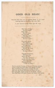 George Bean. Nottinghamshire, Sussex & England 1885-1898. Albert Craig. &lsquo;Cricket Rhymester&rsquo; 1891. Original double sided card of a poem in four stanzas by Craig titled &lsquo;Good Old Bean. Secured 145 runs not out against Notts, in his usual slashing style at B