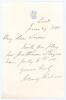 Henry Perkins. Cambridge University, Cambridgeshire & M.C.C. 1854-1868. Single page handwritten letter on M.C.C. letterhead, dated 29th June 1885. Writing in his capacity as Secretary of M.C.C., Perkins is inviting &lsquo;My dear [F.M.] Lucas&rsquo; to play for Gentl