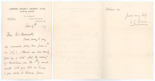 William Gilbert Grace. Gloucestershire, London County & England 1865-1908. Two page handwritten folding letter from Grace, written on London County C.C., Crystal Palace, headed paper, and dated 19th November 1899. Grace is replying to a request from &lsquo;Mr R
