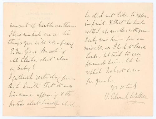 Vyell Edward Walker. Middlesex 1859-1877. Three page folding letter handwritten in ink from Walker to the cricket author, W.A. Bettesworth, dated 29th May 1900 with good cricket content. The date of the letter corresponds with the publication in 1900 of B
