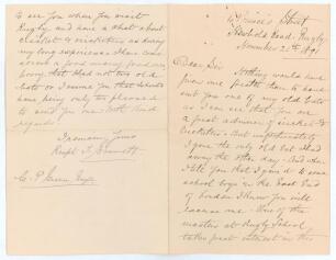 Thomas &lsquo;Tom&rsquo; Emmett. Yorkshire & England 1866-1888. Rare four page folding letter with excellent cricket content from Emmett to the collector, Charles Pratt Green, dated 21st November 1891 with original envelope. Emmett is replying to a request for one of