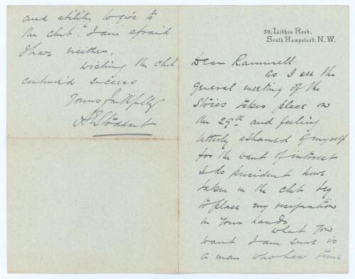 Andrew Ernest Stoddart. Middlesex & England 1885-1900. Two page folding letter handwritten in ink by Stoddart, undated. Writing to &lsquo;Dear [A.W.] Rammell, Stoddart is handing in his resignation as President of The Stoics Cricket Club. He states, &lsquo;What you w